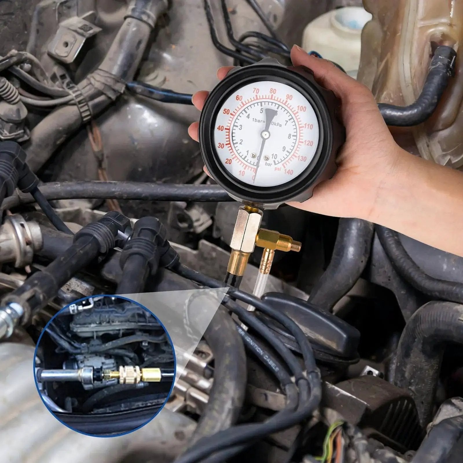 Person using Diesel Fuel Pressure Tester Kit 0-140 PSI With Adapters For Pumps And Injectors to measure engine pressure.