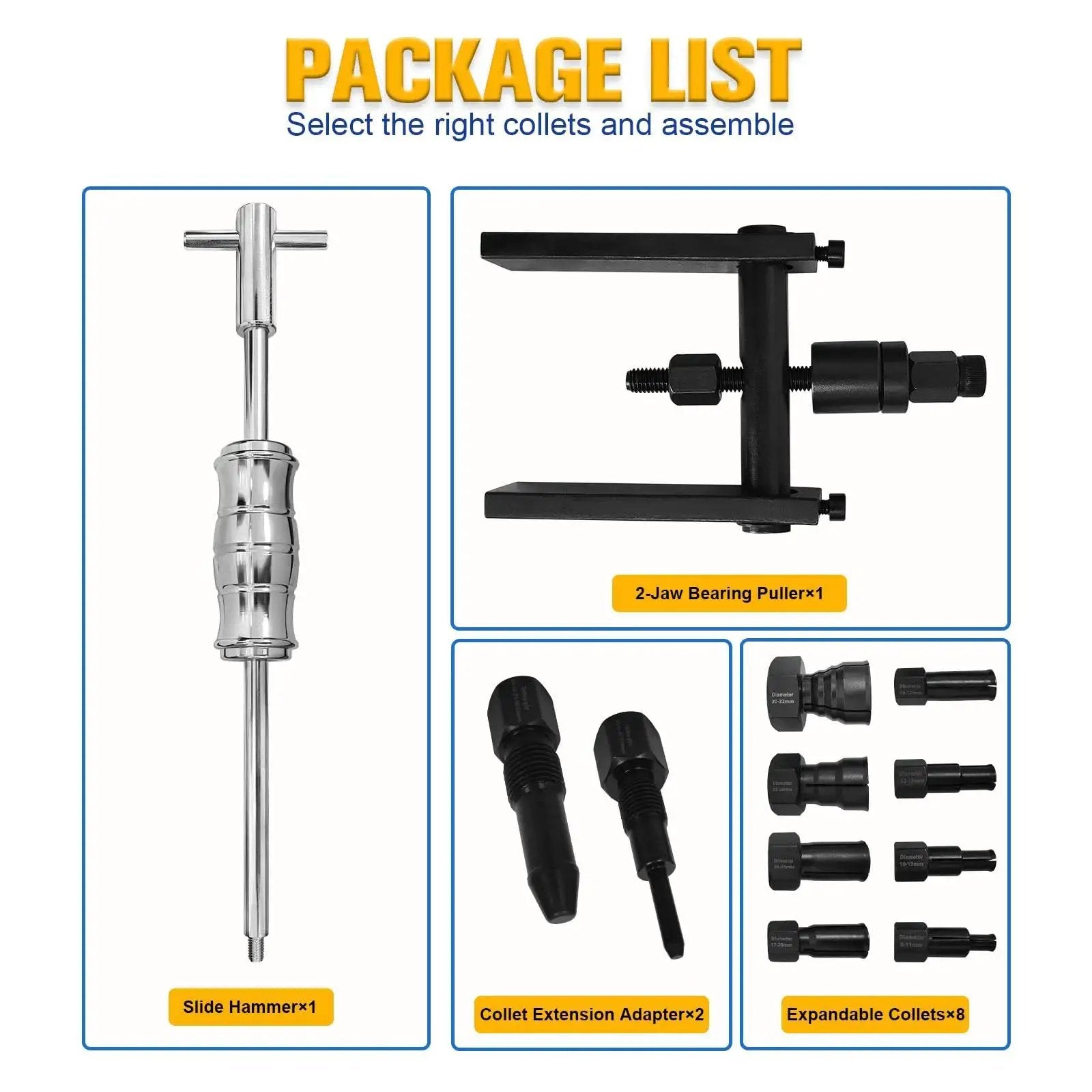 Package list of 12-Piece Blind Hole Bearing Puller Kit with Extendable Collets from 8mm to 32mm, includes slide hammer and two-jaw puller