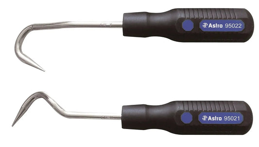9502 Hose Removal Hook Set, 2 Piece For Seals, Hoses, Radiator Lines with chrome-vanadium hooks and black handles.