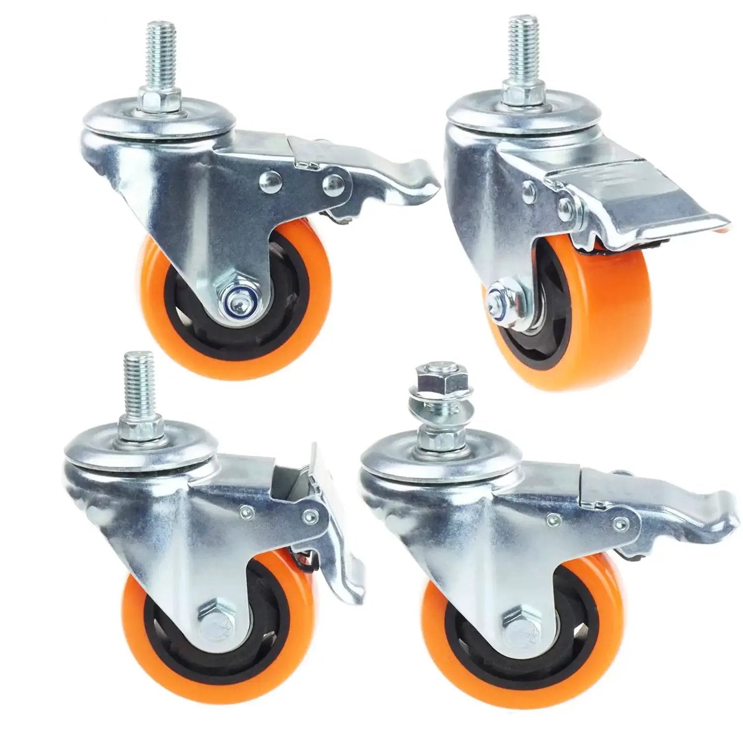 Heavy Duty Swivel Wheels With 3 Inch Yellow PVC Casters And Double Brakes M12 1.75x25mm Metric Stem Set of 4