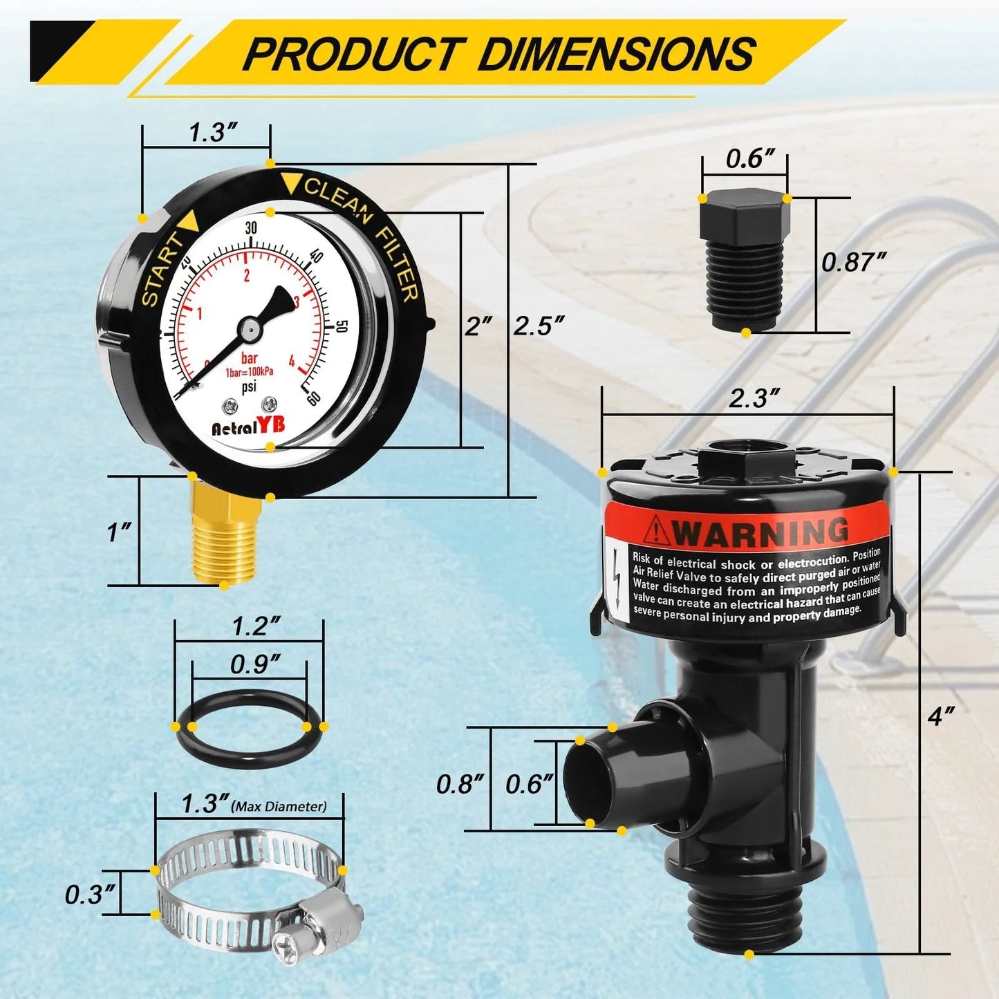 Manual Pool Filter Air Relief Valve With Waterproof Stainless Steel Pressure Gauge High Flow Replacement dimensions diagram