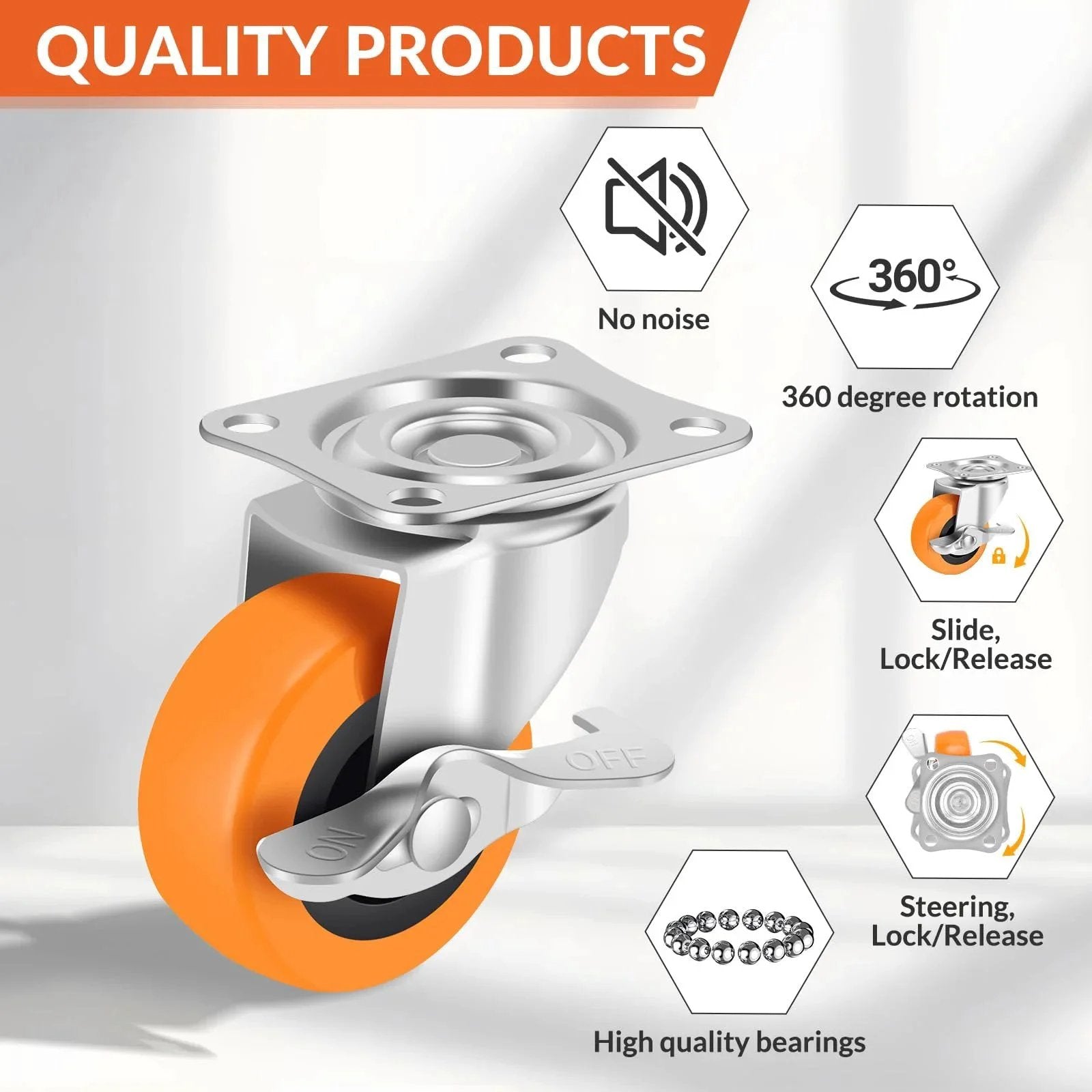 2.5 Inch Heavy Duty Caster Wheels Set of 4 with Brakes for Furniture Carts, showing swivel top plate and polyurethane wheel design.