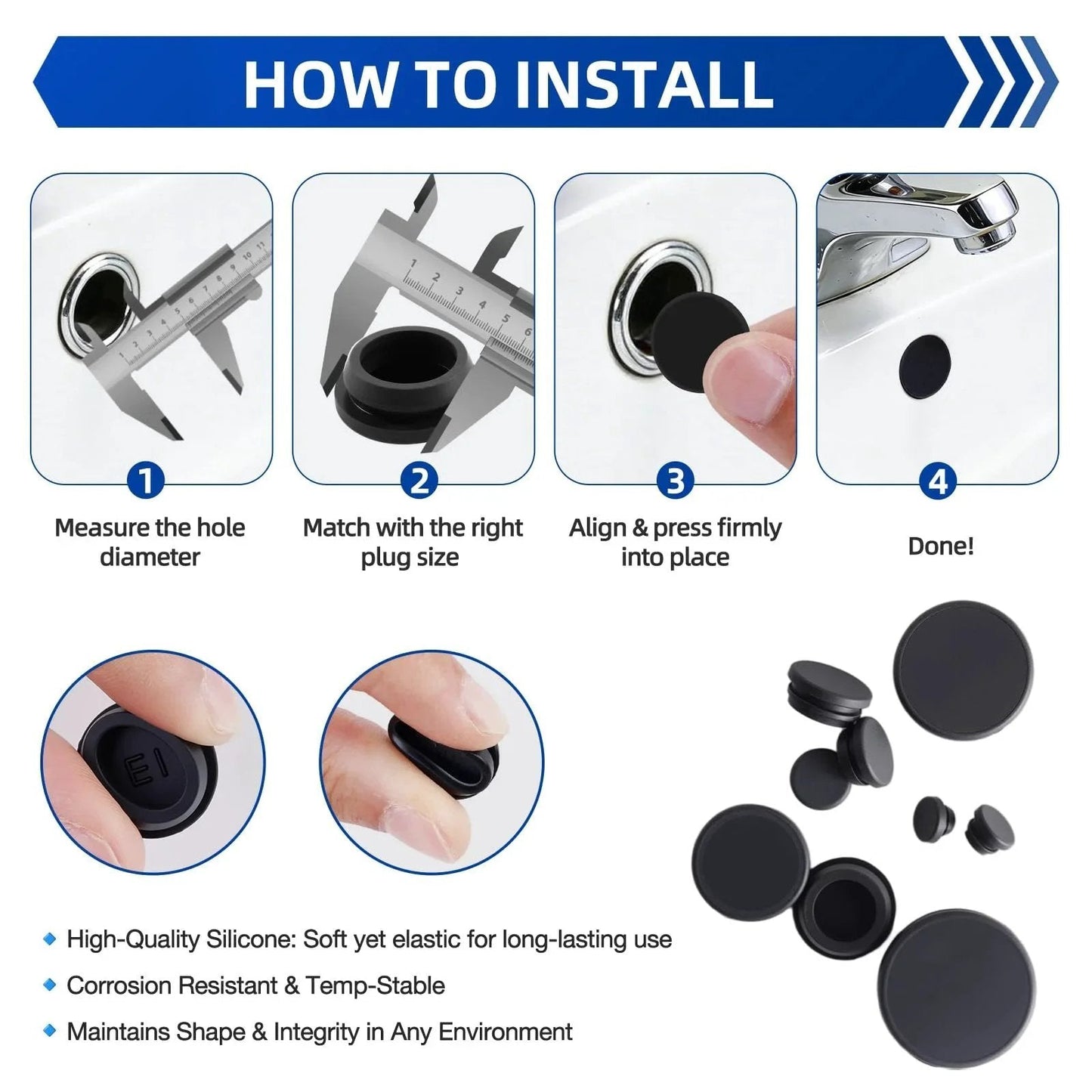 Installation guide for 150 Piece Flexible Rubber Hole Plugs Kit In 9 Sizes For Round Holes, showing measurement and fitting steps.