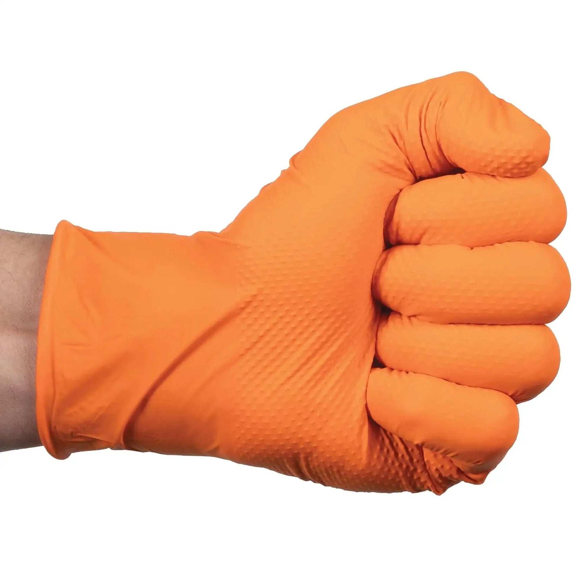 Heavy Duty Nitrile Gloves 8 Mil Diamond Grip Latex Free Orange XXL 100 Count shown in clenched hand