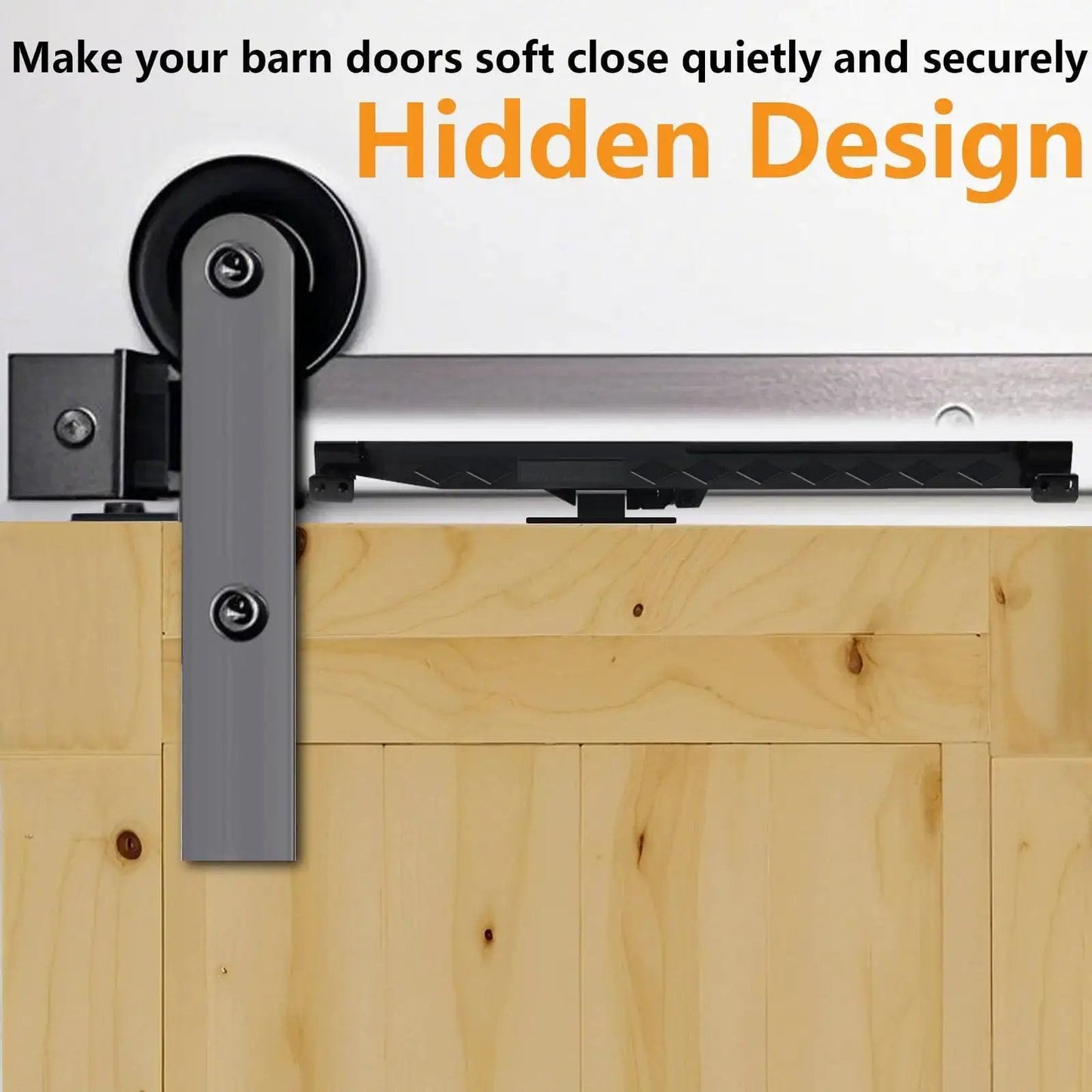 Two Piece Barn Door Soft Close Kit No Drill Version for sliding barn door hardware attached behind wooden door track