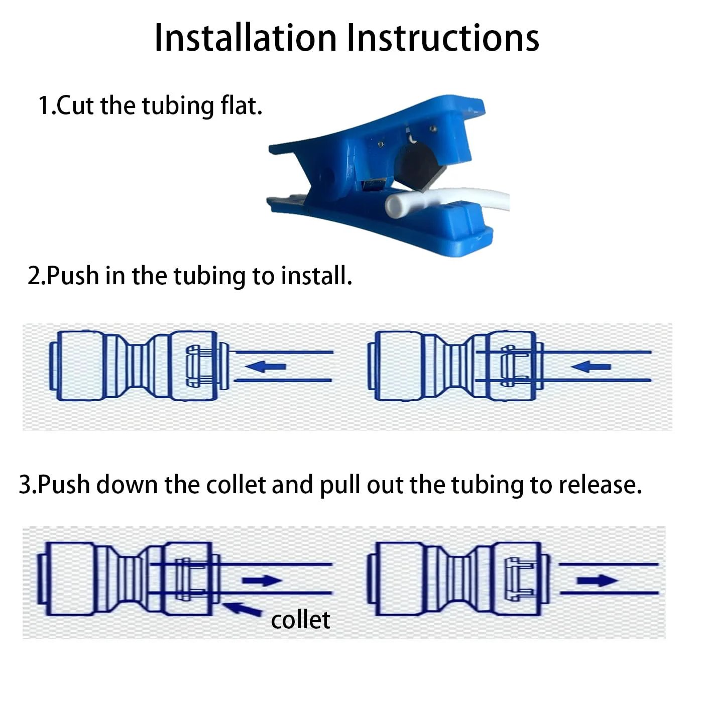 Installation instructions showing the use of One Quarter Inch Push To Connect Water Line Fittings And Thirty Feet Of One Quarter Inch Tubing Kit For Reverse Osmosis Systems, Easy Install With Eleven Connectors, BPA Free POM Material, NSF Certified, Feed Water Adapter Kit