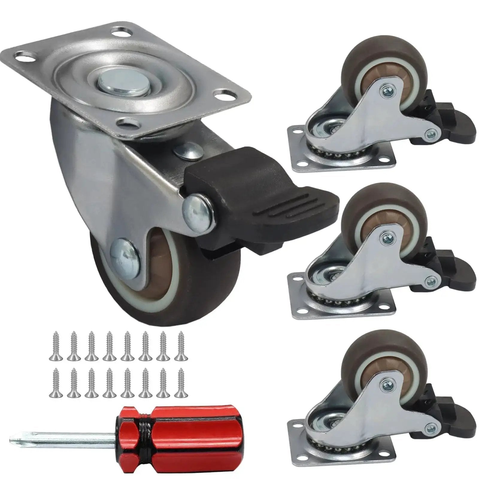 Set Of Four 1-1/2 Inch Low Profile Swivel Casters With Locking Brakes Quiet TPR Rubber Wheels for Furniture shown with screws