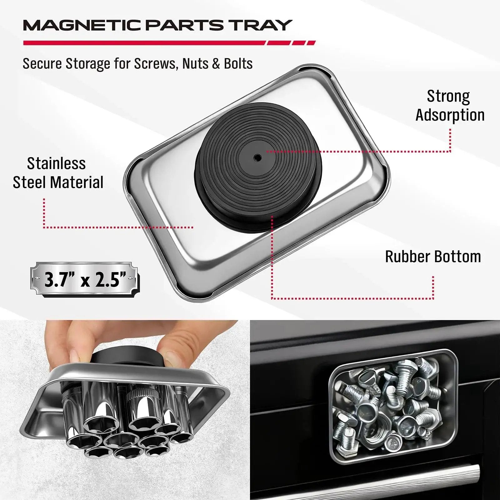 4 Piece Telescoping Magnetic Pickup Tool Set For Garages And Workshops Featuring A 31 Inch Telescoping Magnet Stick With 15 Lb Lift A 25 Inch Pen Style Magnetic Pickup Tool With Pocket Clip A 20 Inch Bendable Spring Magnet Stick And A Magnetic Parts Tray showing stainless steel tray with rubber base