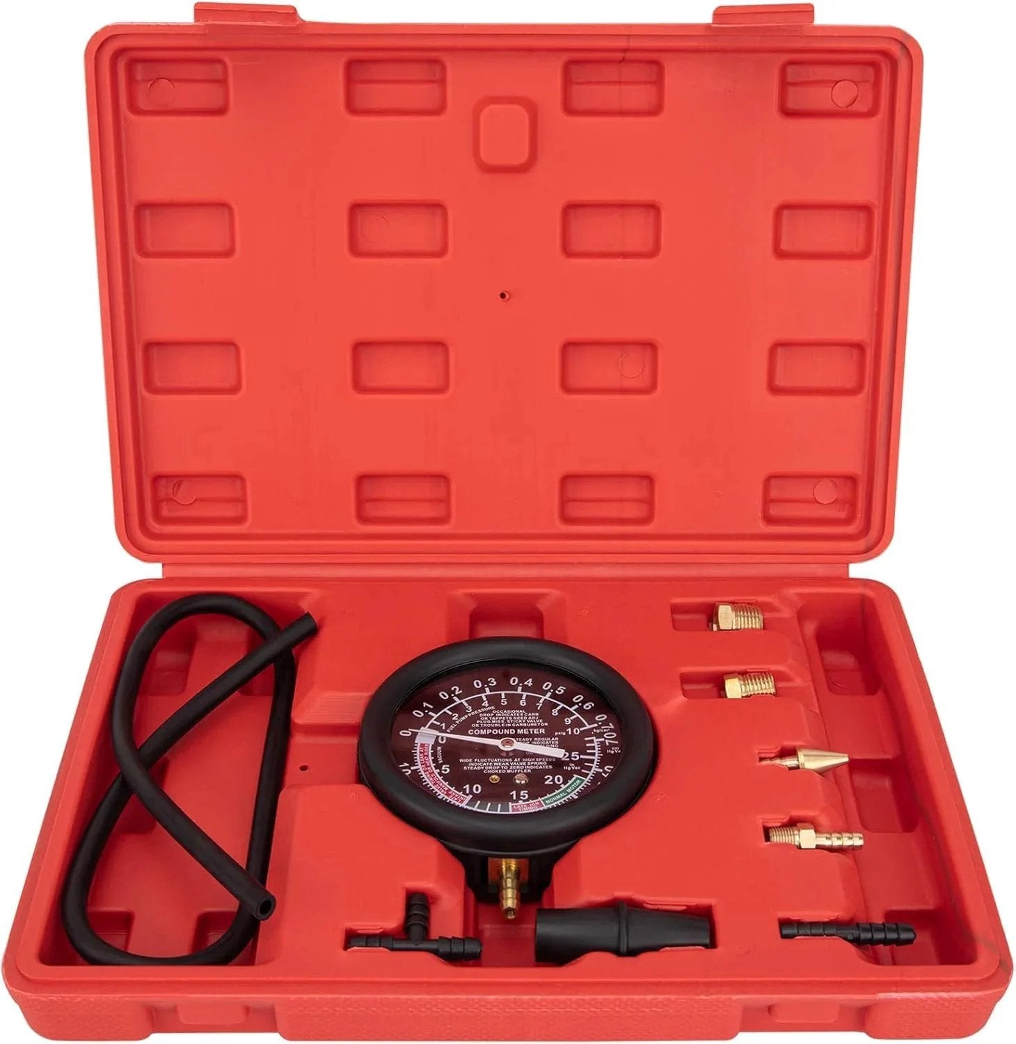 Vacuum Gauge Automotive Tester Kit For Fuel Pressure Diagnostics And Carburetor Testing DIY Friendly Fuel Pump Pressure Checker For Vacuum Leaks And Engine Performance VECKYJL in case with accessories.