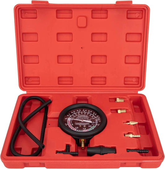 Vacuum Gauge Automotive Tester Kit For Fuel Pressure Diagnostics And Carburetor Testing DIY Friendly Fuel Pump Pressure Checker For Vacuum Leaks And Engine Performance VECKYJL in case with accessories.