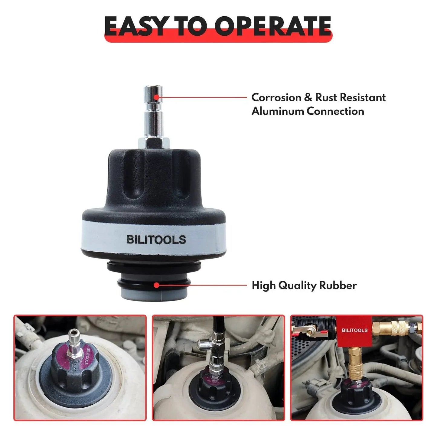 Radiator Cooling System Pressure Tester And Vacuum Refill Kit For Cars And Trucks, close-up showing aluminum connection and rubber fitting