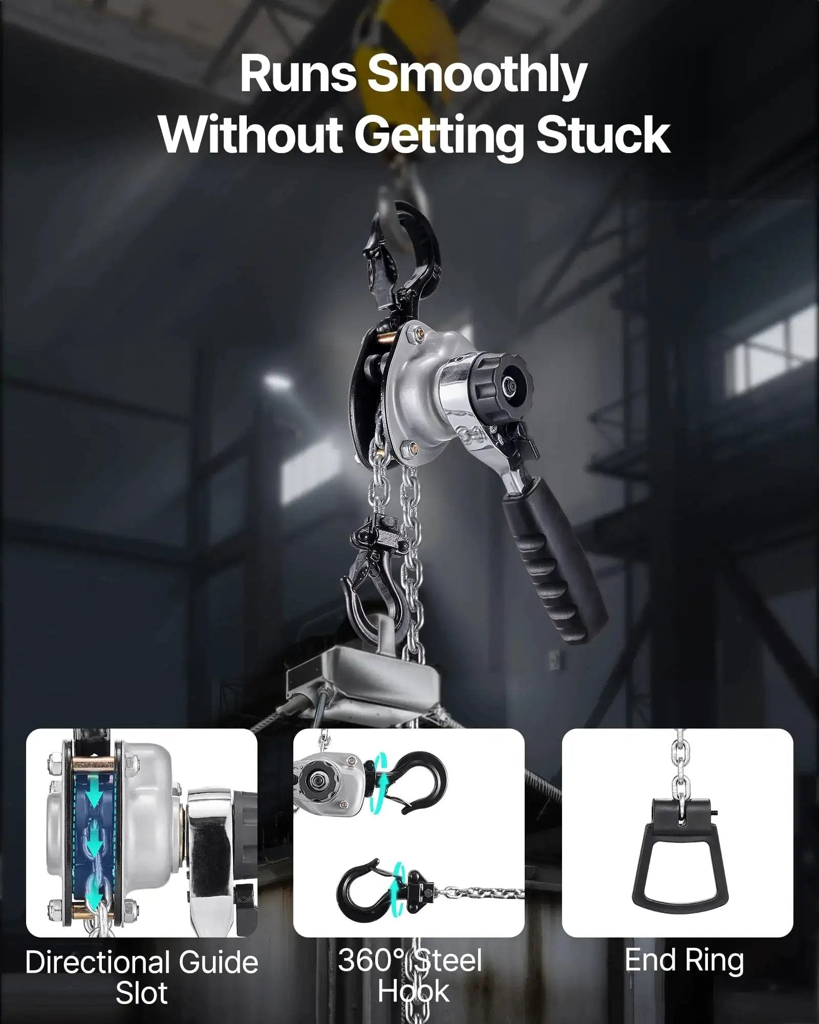 Manual Lever Chain Hoist Half Ton With 5 Ft G80 Chain Dual Pawl Brake in industrial setting, showing handle and hooks.