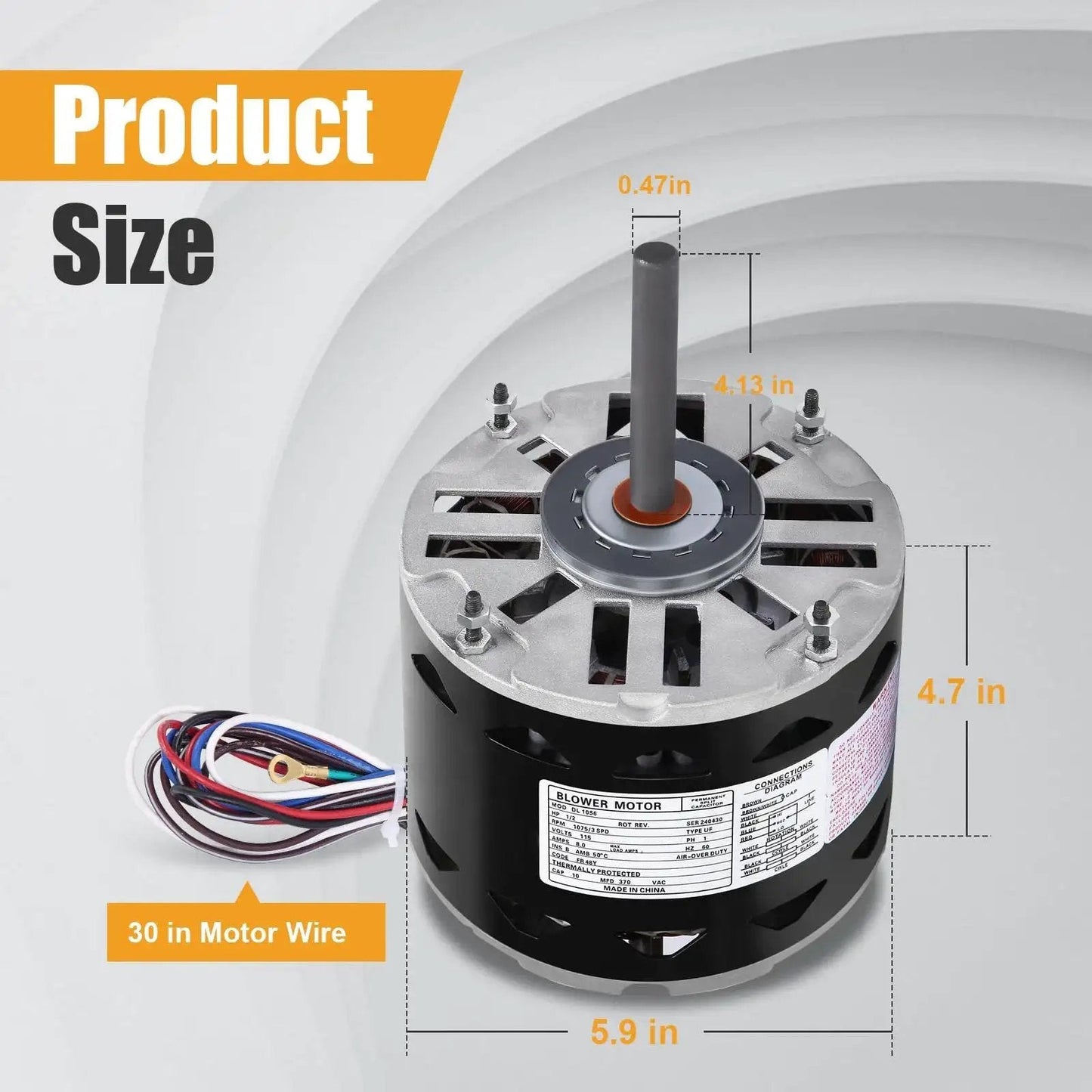 Direct Drive Blower Motor With Sleeve Bearing 0.5 HP, 1075 RPM, dimensions and wiring highlighted, 115 Volt, 8 Amps, 48 Frame