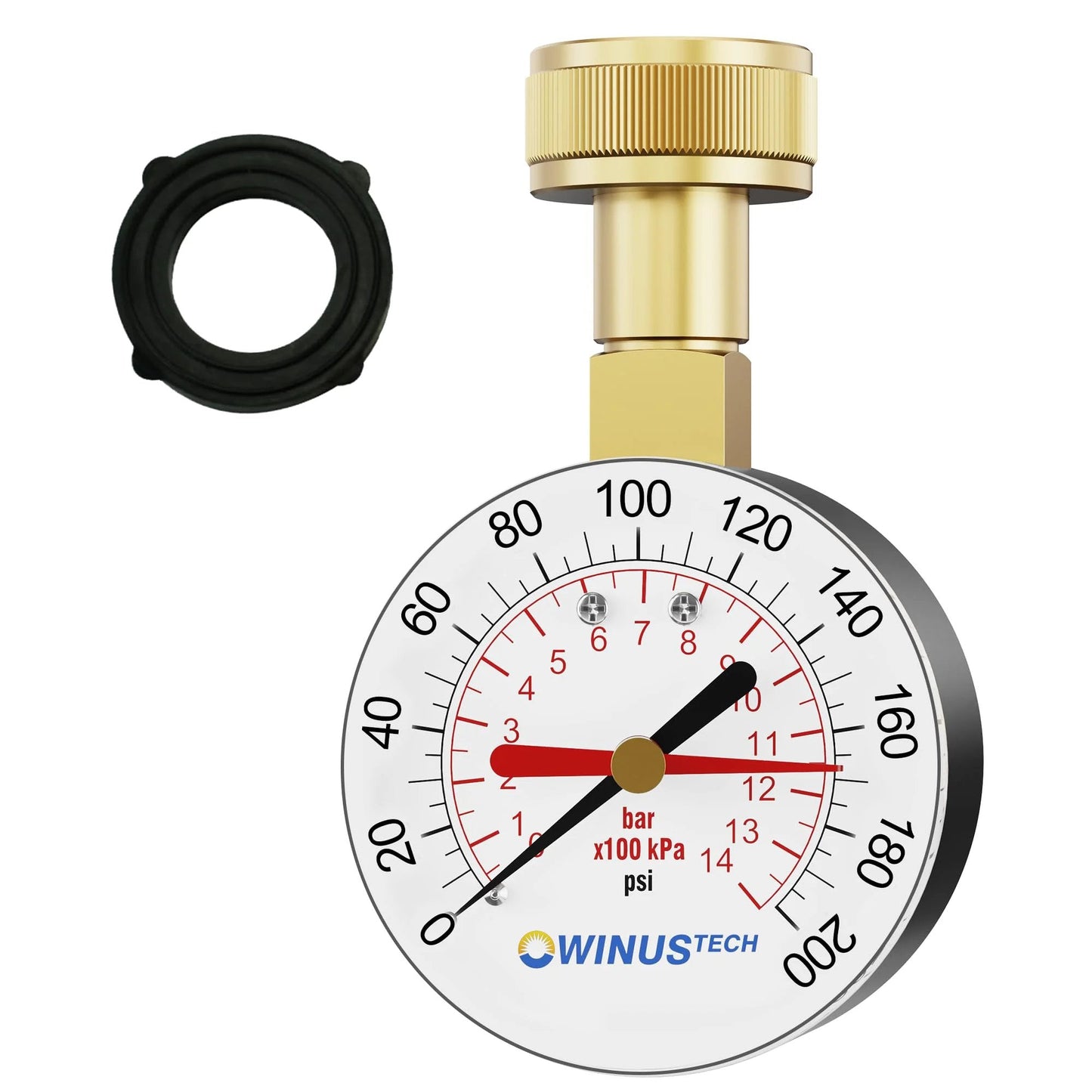 Water Pressure Gauge Three Quarters Inch Female Garden Hose Thread Zero To Two Hundred PSI Two And A Half Inch Dial, close-up view showing dial and connection.