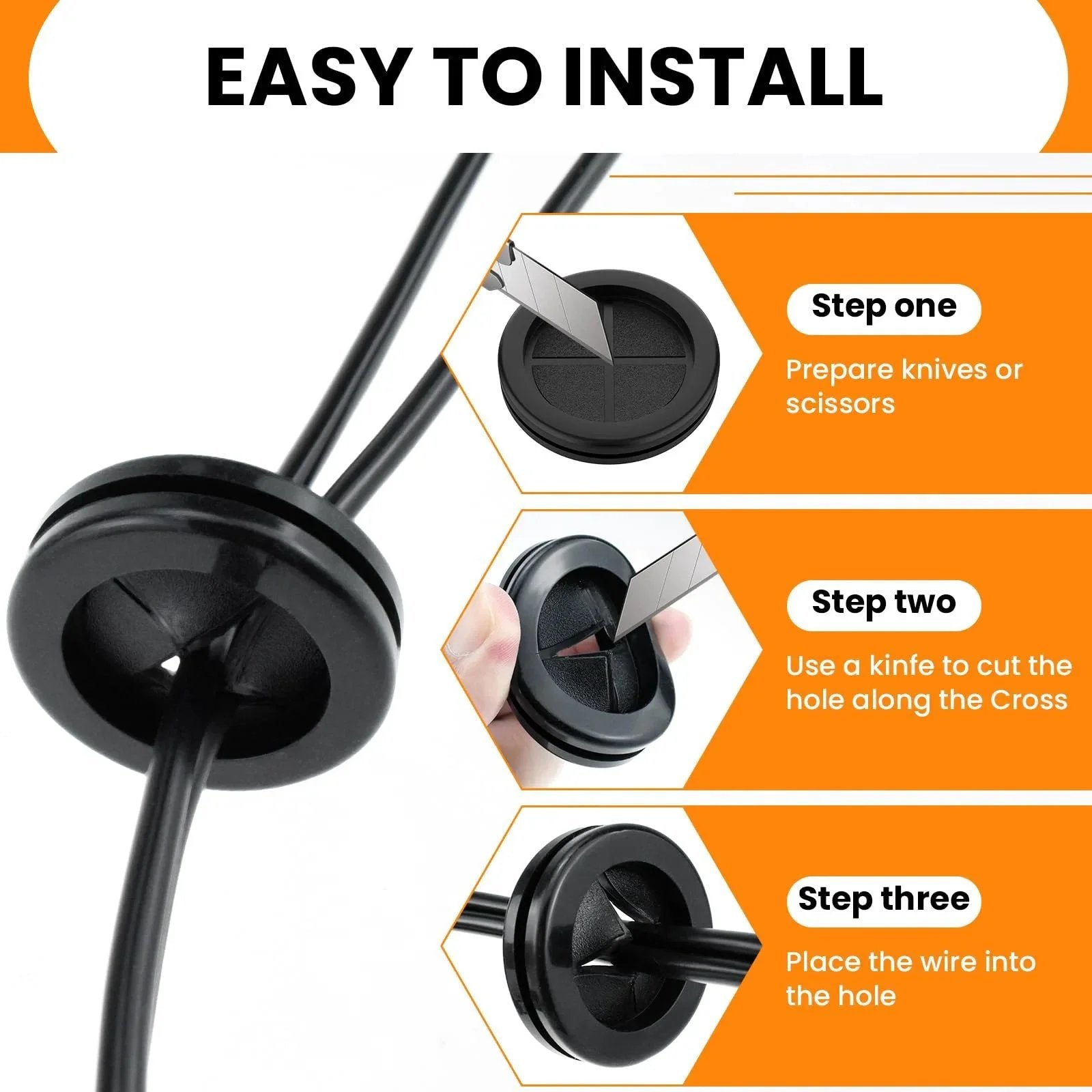 Installation steps for Rubber Grommets 2-1/8 In ID, 2-1/2 In Drill Hole, showing tools, cutting, and wire insertion process.