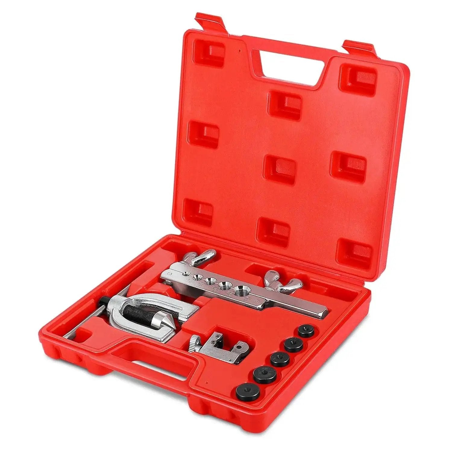 Brake Line Flare Tool Kit Cutter 45 Flare Single and Double 1/8 to 5/8 Tubing in red carrying case with tools visible