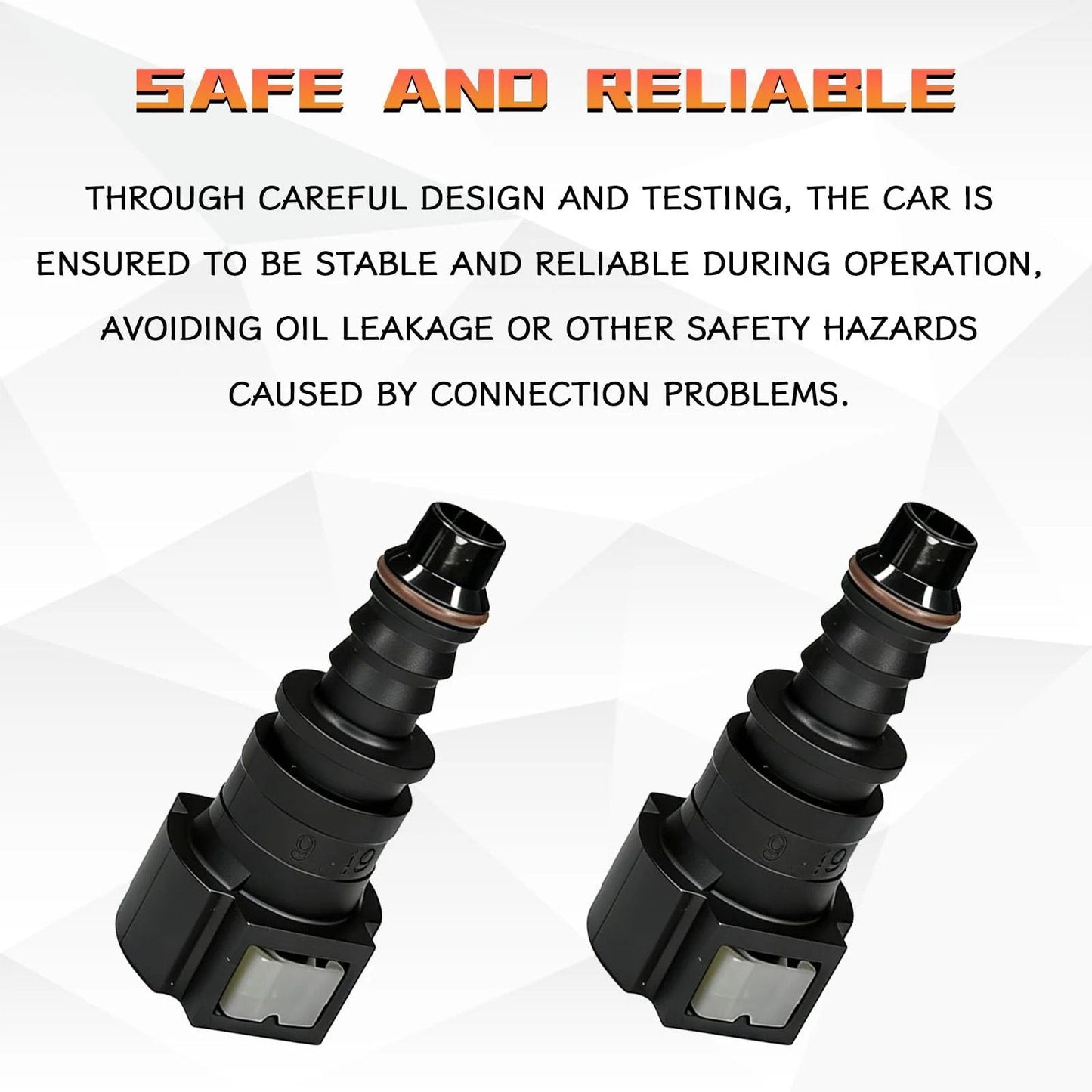 90 Degree Fuel Line Quick Connector Kit Two Pack Three Eighths SAE To Five Sixteenths Inch Nylon Tubing High Pressure Push On Quick Release Plugs For Fuel System Repair Compatible With Most Vehicles, two connectors visible with text "Safe and Reliable"