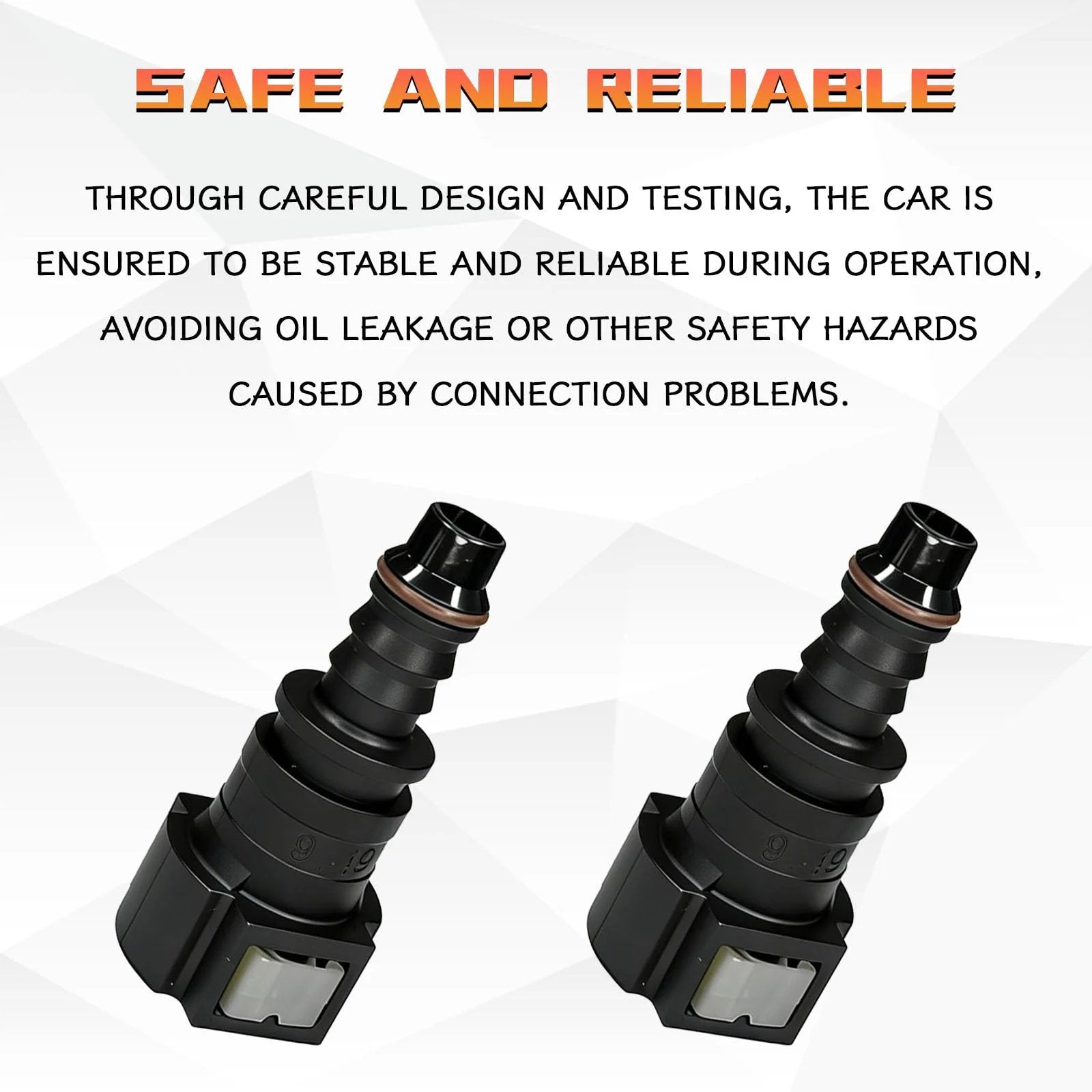 90 Degree Fuel Line Quick Connector Kit Two Pack Three Eighths SAE To Five Sixteenths Inch Nylon Tubing High Pressure Push On Quick Release Plugs For Fuel System Repair Compatible With Most Vehicles, two connectors visible with text "Safe and Reliable"