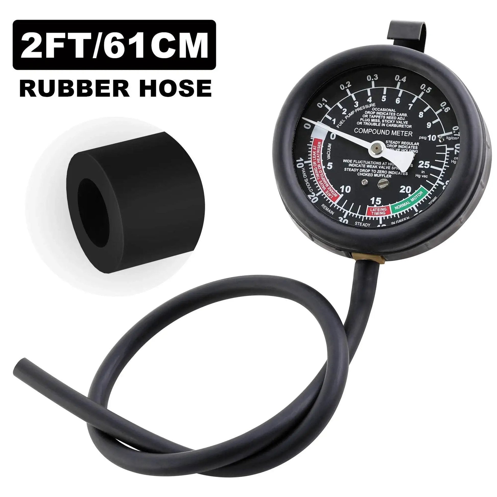 Fuel Pump And Vacuum Carburetor Pressure Tester Gauge Kit For Engine Diagnostics, 4-inch dial, 2ft rubber hose