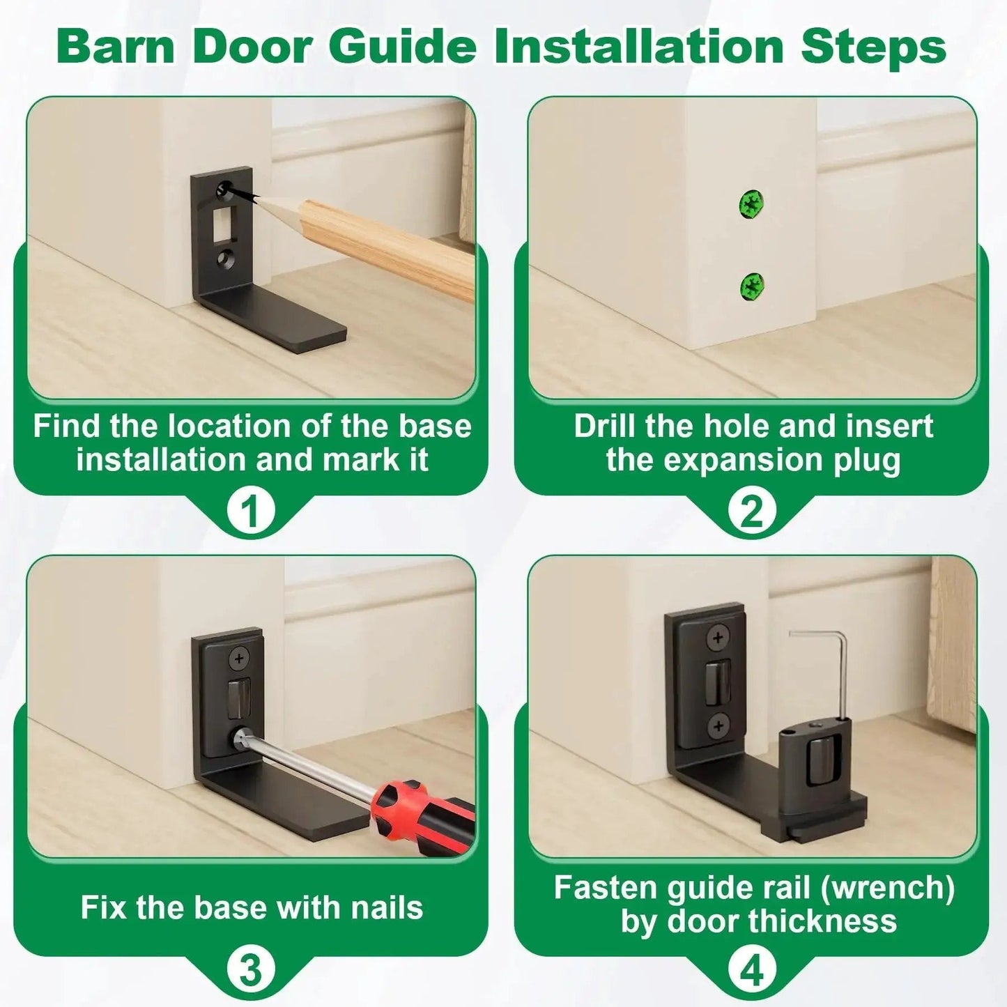 Installation steps for Sliding Barn Door Floor Guide And Wall Mount Set with adjustable U shape design and rollers, black.