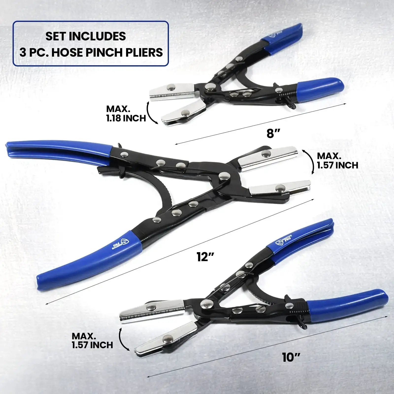3Pcs Ratcheting Hose Pinch Off Pliers Set For Automotive Cooling And Fuel Lines, showing three sizes with measurement details