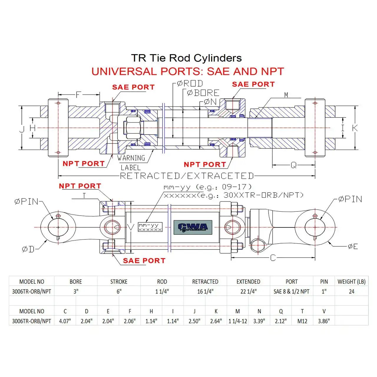 Technical drawing of a Tie Rod Hydraulic Cylinder 3 In Bore 6 In Stroke 1.25 In Rod 2500 PSI with universal ports.