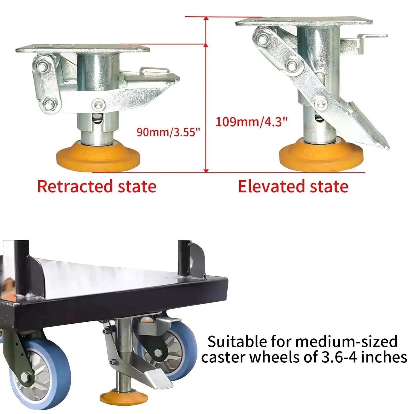 Floor Lock For Carts With Brake Function And Height Adjustable Load Lock Manganese Steel Cart Stopper with dimensions and install view