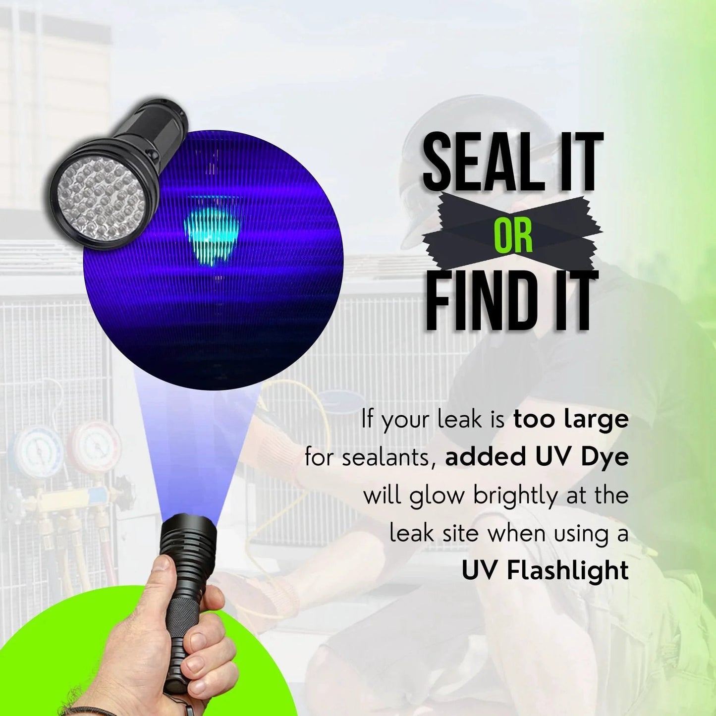 UV flashlight detecting leaks with All In One Leak Sealer For HVAC Systems Up To 5 Tons With Moisture Remover And UV Dye 3 In 1 Direct Inject