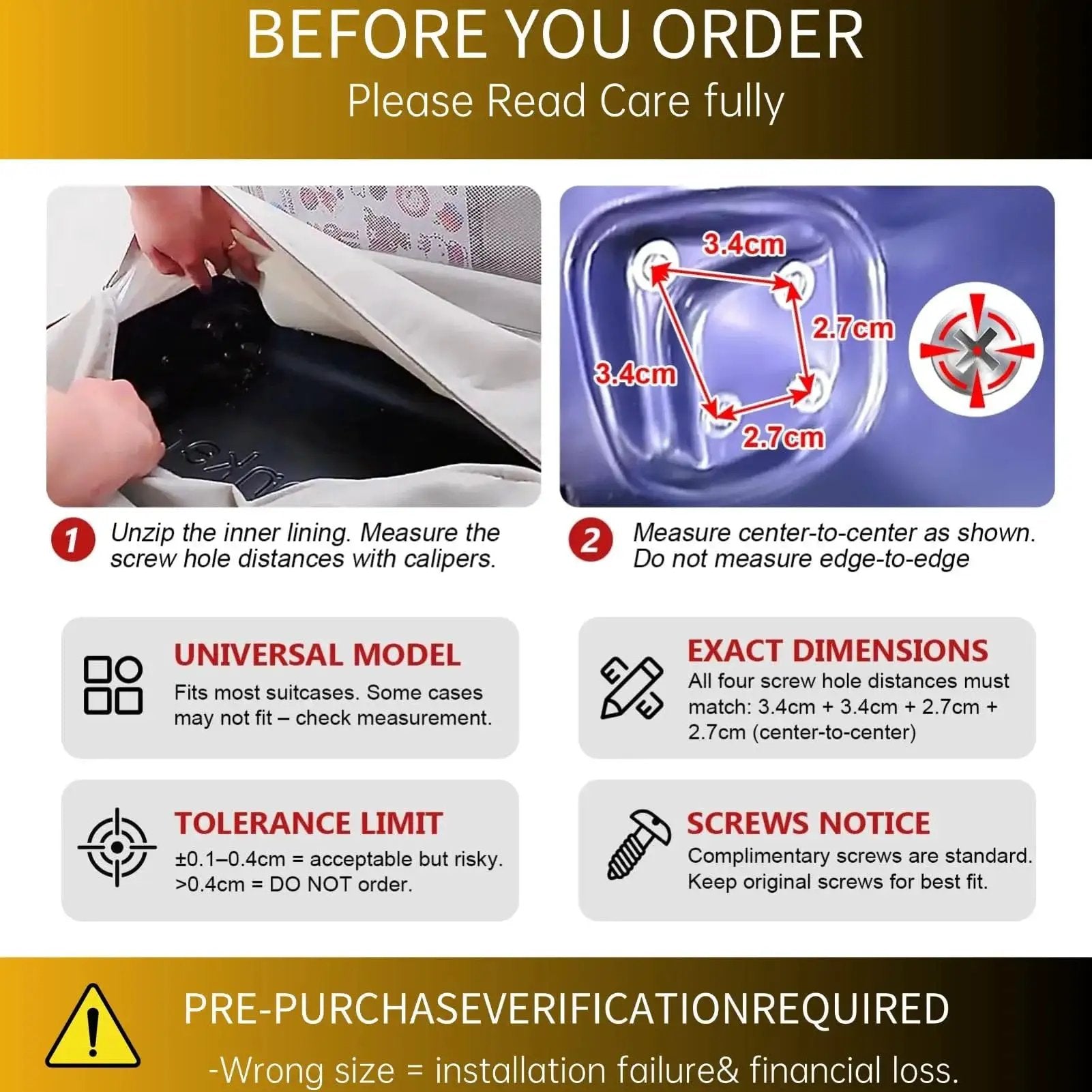 Instructions for measuring suitcase wheel screw holes with calipers before ordering 360 Degree Swivel PVC Suitcase Wheels Replacement Pair.
