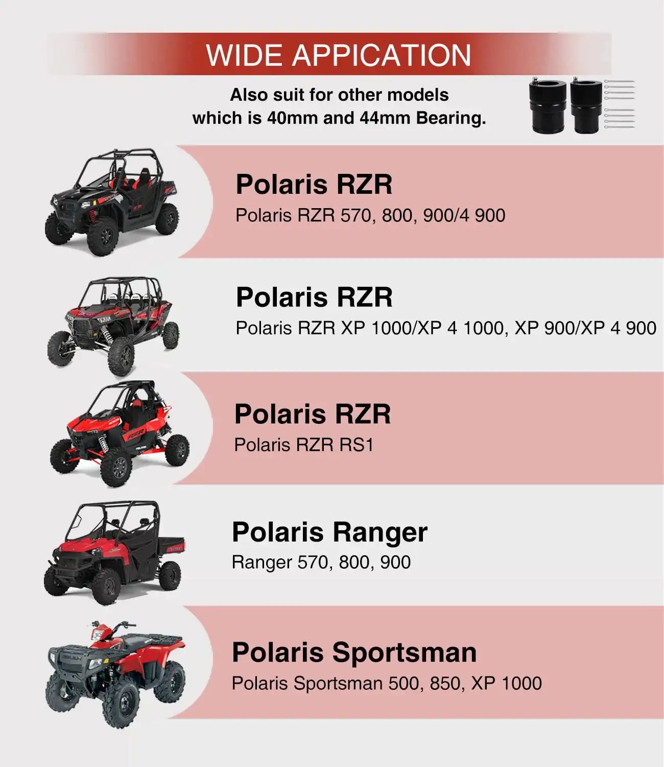 Wide application chart for 40mm and 44mm front and rear wheel bearing greaser tool kit, compatible with Polaris RZR, Ranger, Sportsman models.