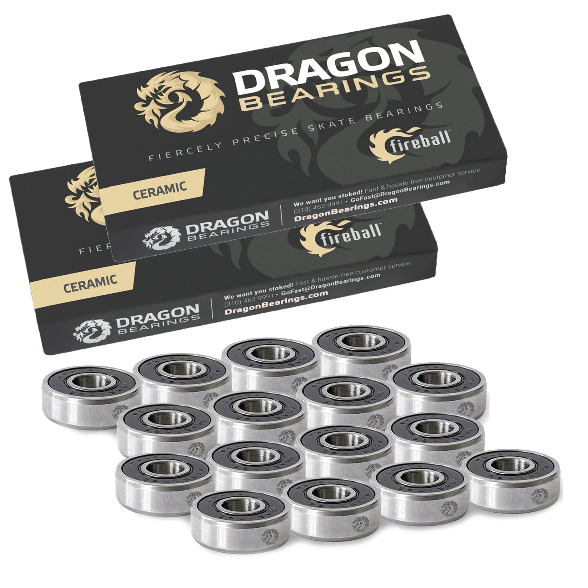 Ultra Smooth Ceramic Inline Skate Bearings 16 Pack for 8 Wheels Pre Lubed for Crazy Fast Rolling Dragon Brand 608 Bearings With Guaranteed For Life and High Performance Race Quality in packaging with loose bearings displayed.