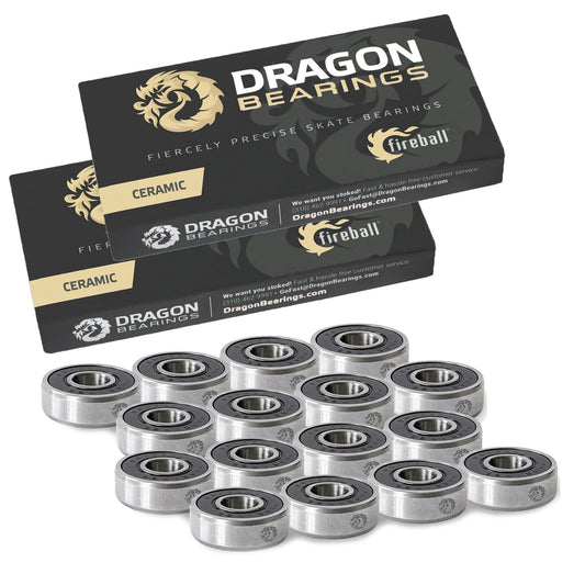 Ultra Smooth Ceramic Inline Skate Bearings 16 Pack for 8 Wheels Pre Lubed for Crazy Fast Rolling Dragon Brand 608 Bearings With Guaranteed For Life and High Performance Race Quality in packaging with loose bearings displayed.