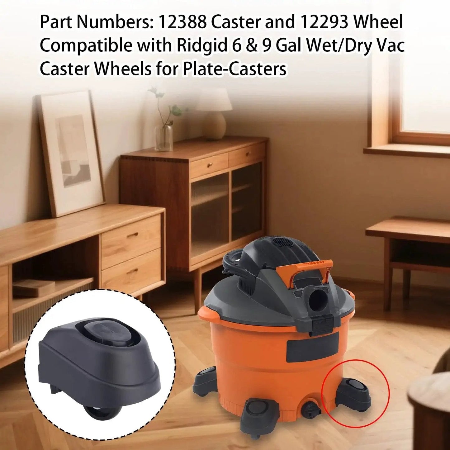 Two Piece Foot Caster Wheel Kit For 6 Gallon And 16 Gallon Wet Dry Vacuum Cleaners Including 12388 And 12293 Casters shown installed on vacuum.