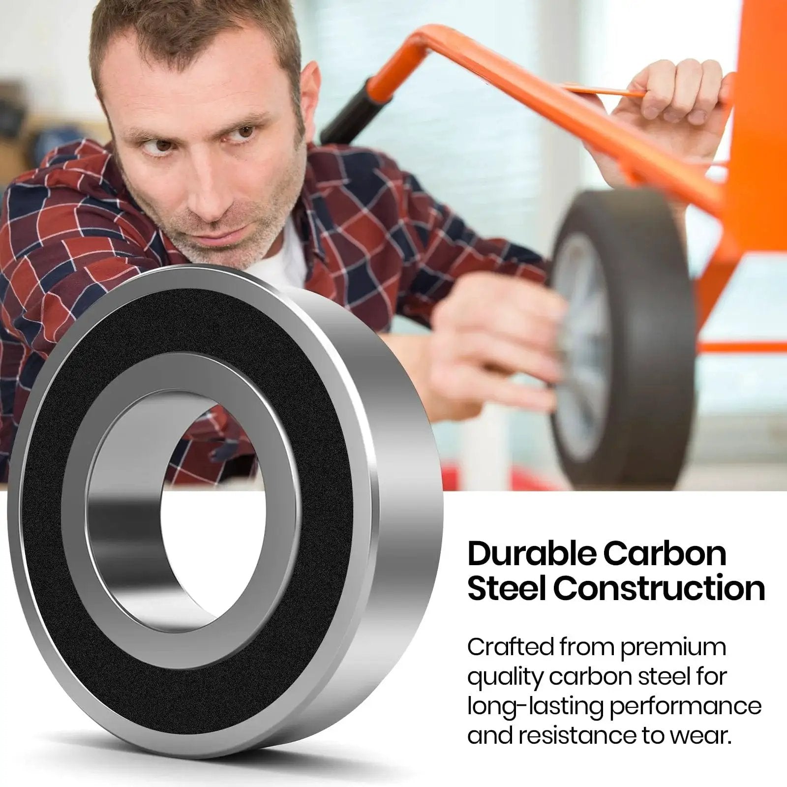 Close-up of durable carbon steel bearing and man assembling wheelbarrow, showcasing 4 Pack Three Quarter Inch Carbon Steel Bearings Replacement For Lawn Mowers Wheelbarrows Carts And Hand Trucks With Universal Size ID Three Quarter Inch And OD One And Three Eighth Inch Durable Long Lasting Bearings.