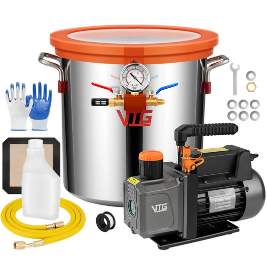 5 Gallon Vacuum Chamber With Pump For Stabilizing Wood Degassing Resin Silicone And Epoxies In 304 Stainless Steel Kit Including Four Point Five CFM One Third HP Vacuum Pump And Accessories