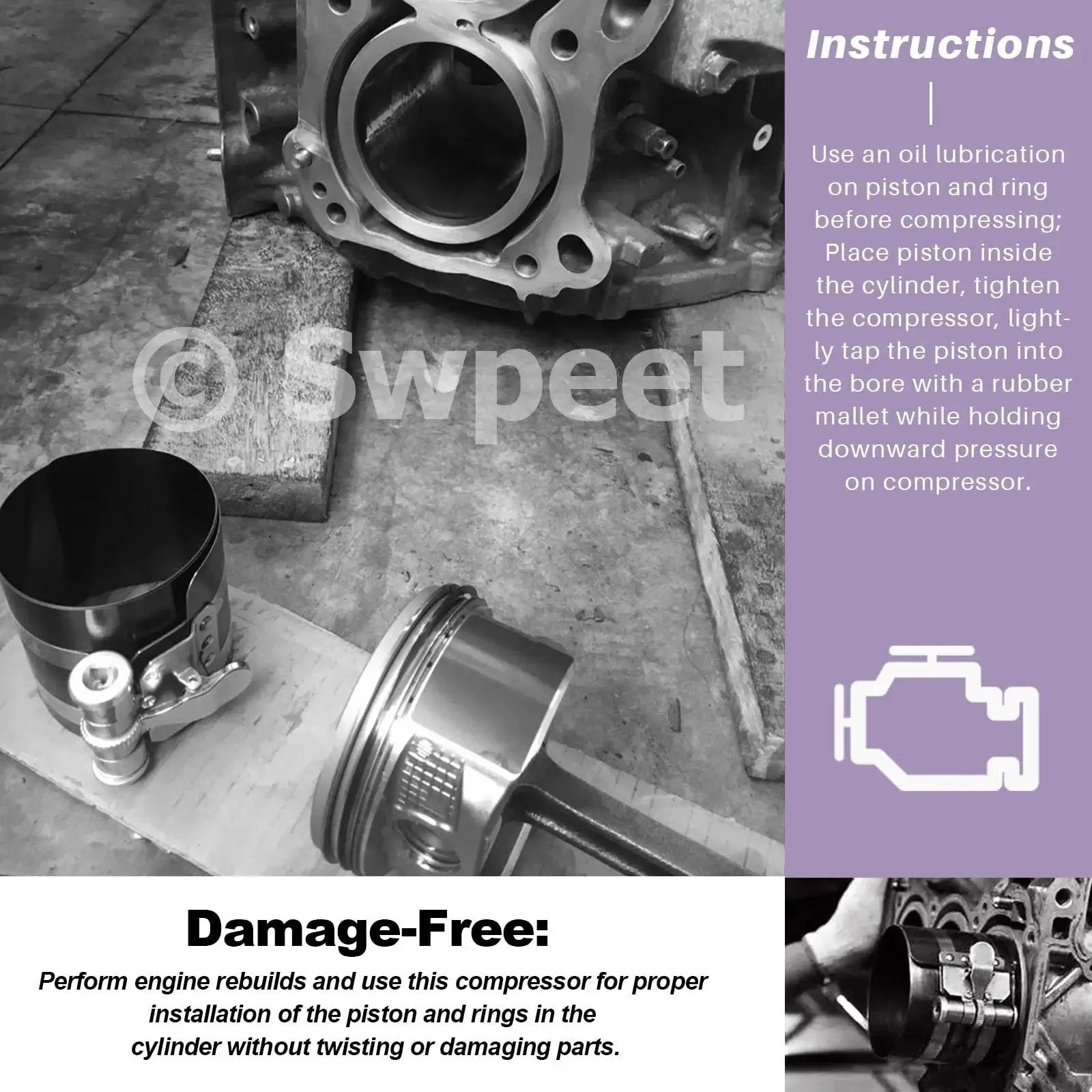 8Pcs Piston Ring Compressor Kit With Adjustable Installation Pliers And Wrench Pro Grade Includes 3 Inch 4 Inch And 6 Inch Compressors Stainless Steel Feeler Gauge Assortment For Car Engine Piston Installation And Removal, shown near engine cylinder