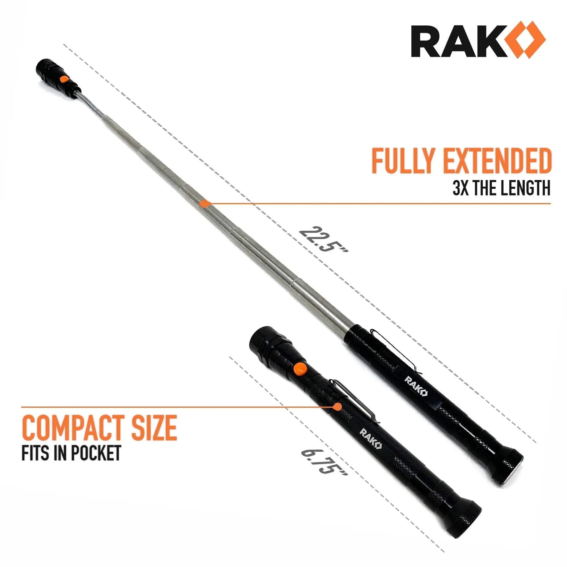 Magnetic Pickup Tool For Men With LED Flashlight And 22 Inch Extendable Neck shown fully extended and compact size comparison
