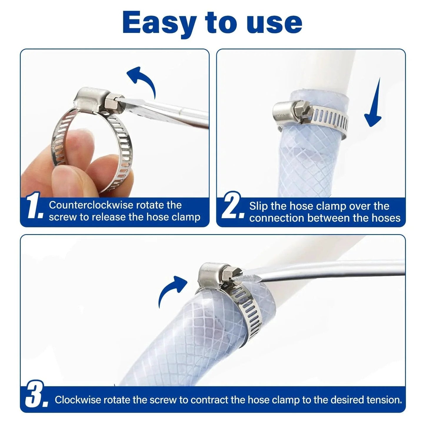 Instructions for using 30 Pack 304 Stainless Steel Hose Clamp Set 3/8 To 5/8 Inch (10-16mm) Adjustable Worm Gear Fuel Line Clamps.