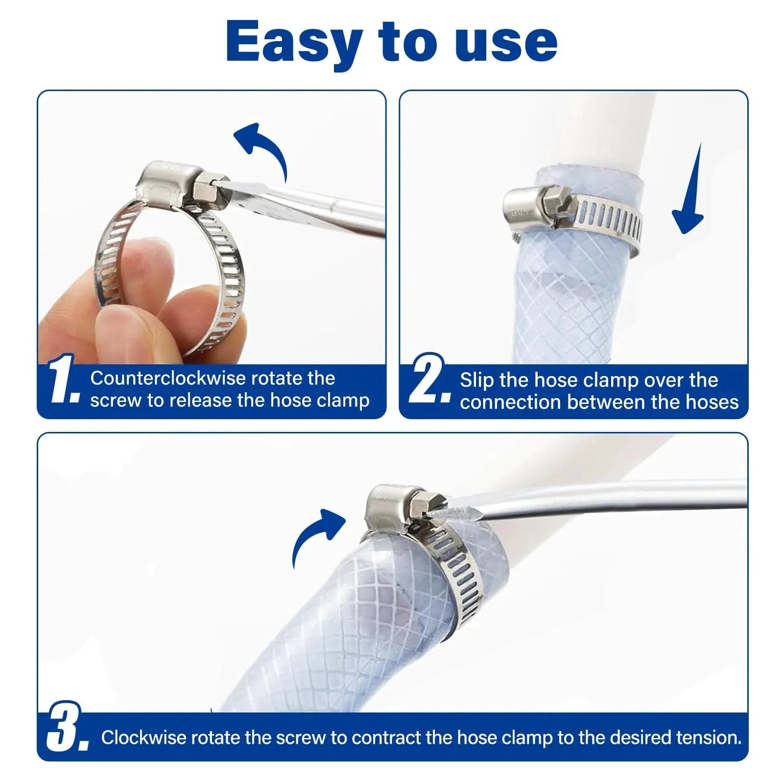 Instructions for using 30 Pack 304 Stainless Steel Hose Clamp Set 3/8 To 5/8 Inch (10-16mm) Adjustable Worm Gear Fuel Line Clamps.