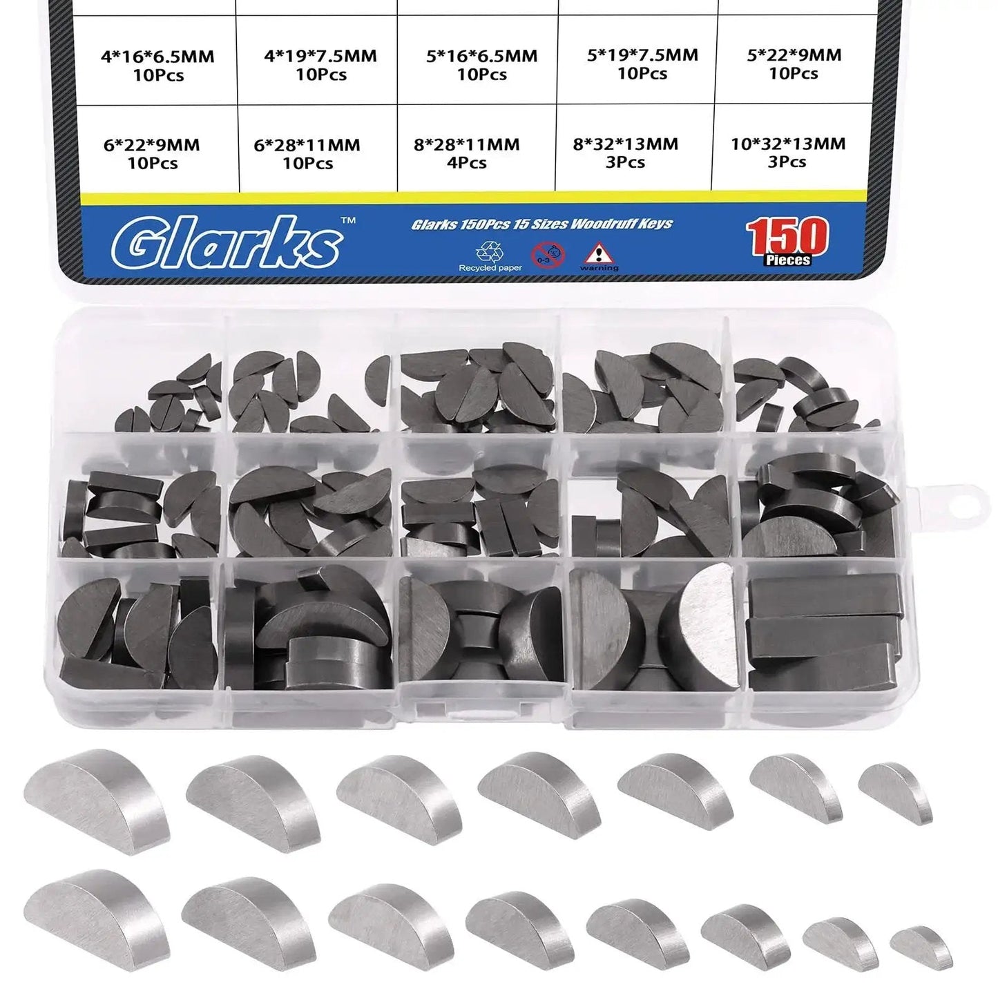 Woodruff Keys Kit Glarks 150 Pcs 15 Sizes Carbon Steel Semi Circular Keys Set For Fasteners And Mechanical Projects