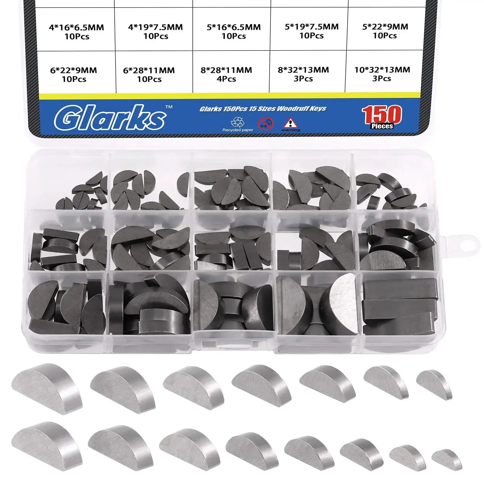 Woodruff Keys Kit Glarks 150 Pcs 15 Sizes Carbon Steel Semi Circular Keys Set For Fasteners And Mechanical Projects
