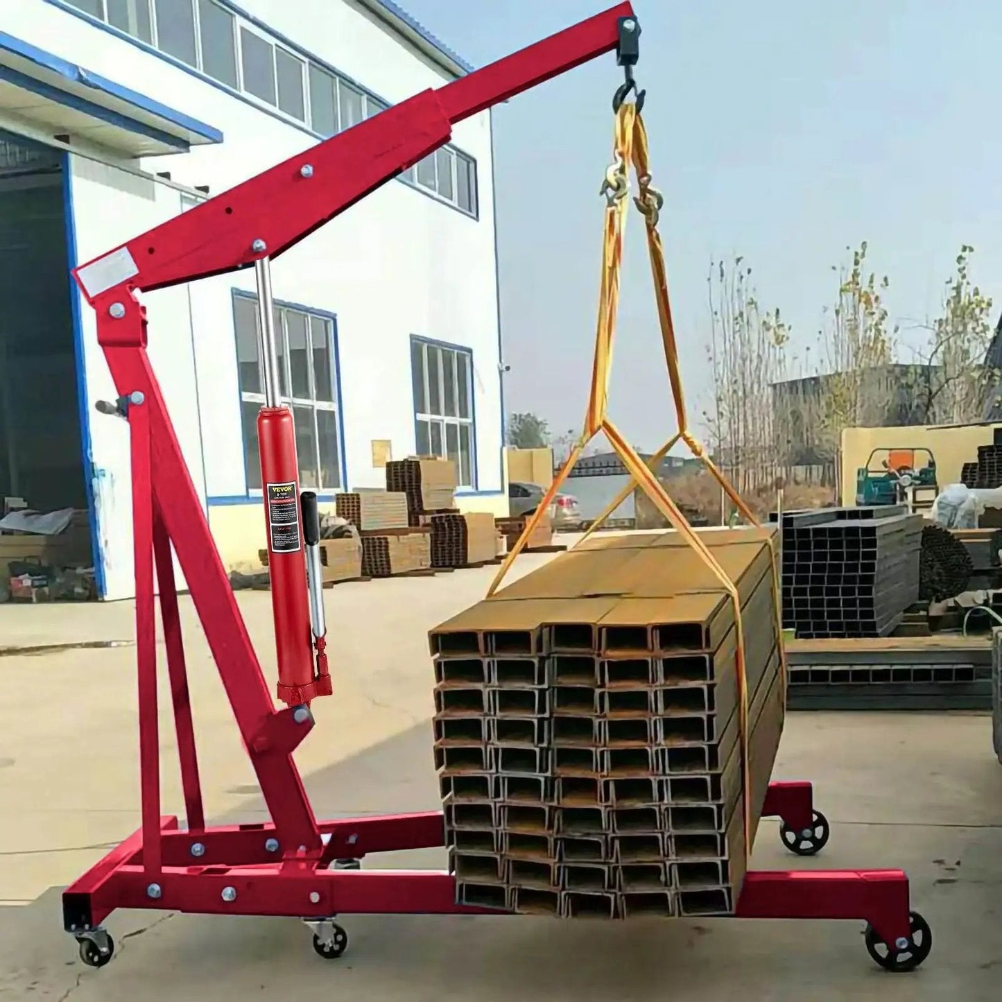 8 Ton Hydraulic Long Ram Jack With Clevis Base for Engine Hoists and Cranes lifting steel beams outdoors