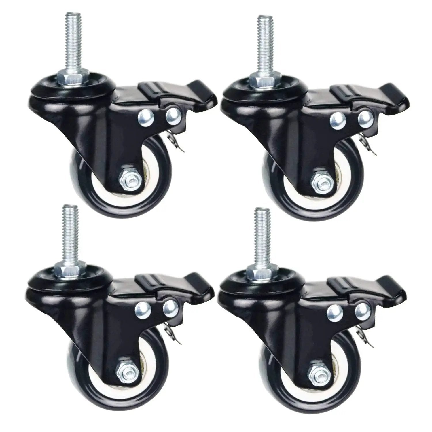 2 Inch Caster Wheels With M8x25mm Threaded Stem, 360 Degree Swivel With Double Brakes, Industrial Polyurethane Casters, Pack Of 4