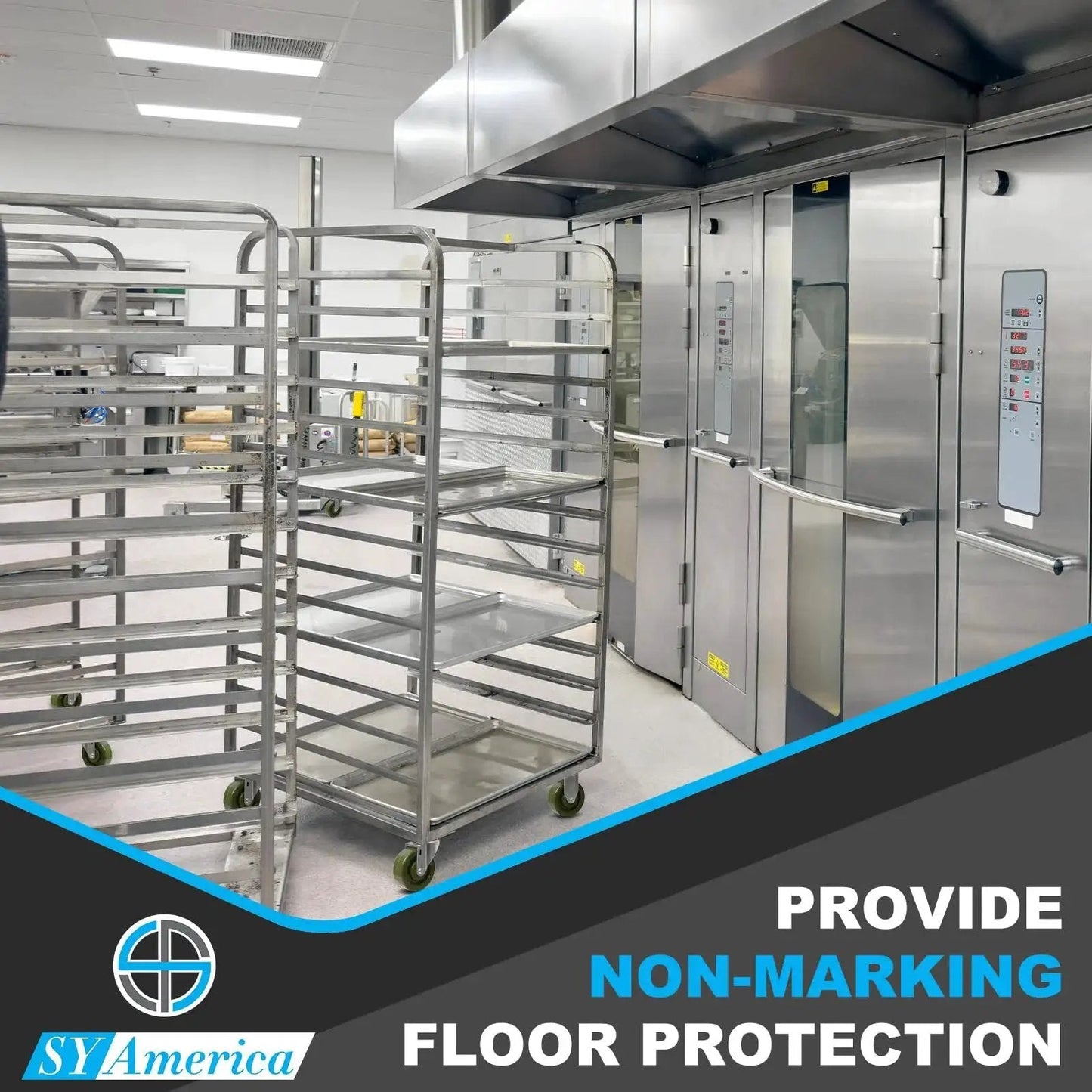 Industrial bakery with metal racks featuring 4 Inch By 1.5 Inch High Temp Green Epoxy Caster Wheels Set Of 4 for oven use.