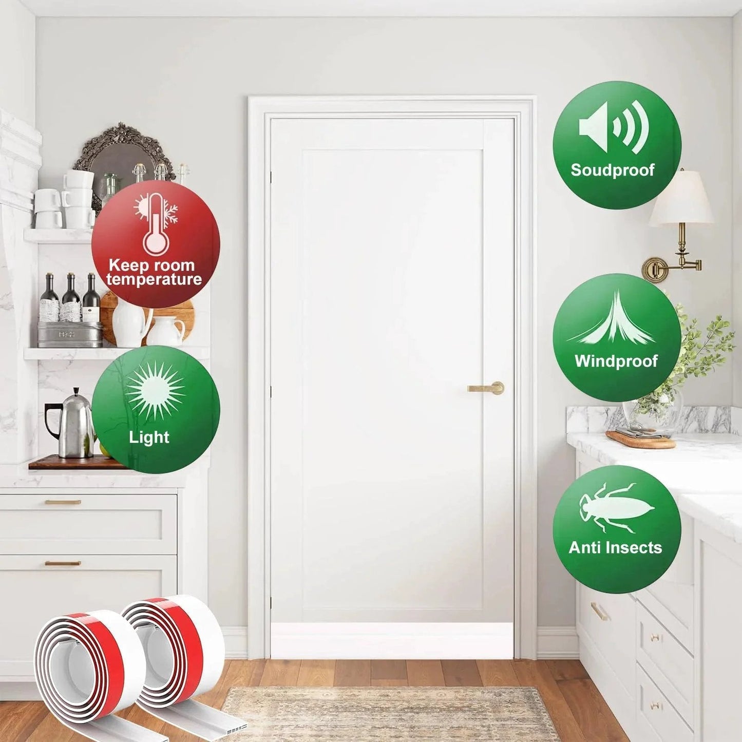 2 Pack Door Draft Stopper For Exterior And Interior Doors, 1.8 Inch Wide By 37 Inch Long White, Door Bottom Seal Weather Stripping installed under door in bright kitchen setting with benefits icons