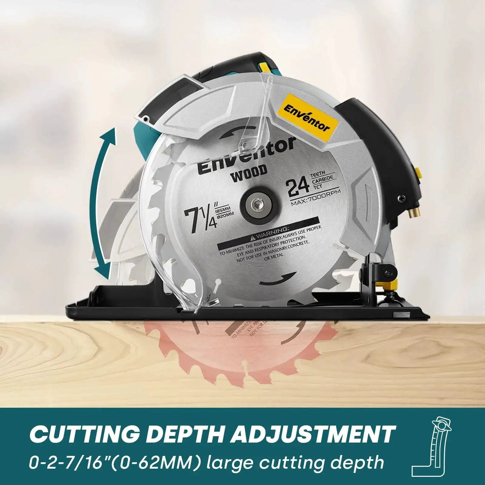 Powerful 7-1/4 Inch Circular Saw With A 10A Pure Copper Motor And Laser Guide Delivers 5800 RPM Includes Two Blades 40T And 24T Adjustable Cutting Angle From 0 To 90 Degrees One Handed Bevel Design Blue shown on wooden table with cutting depth adjustment.