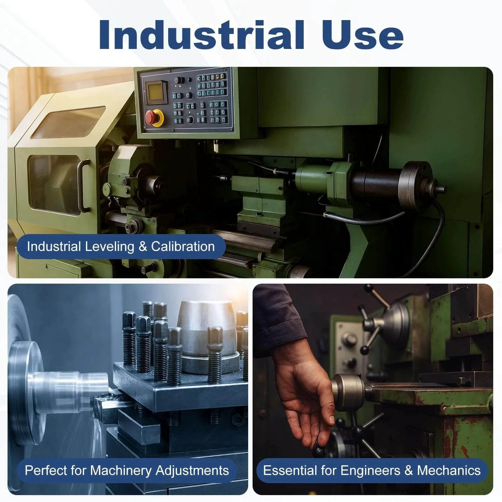 Industrial use images showing machinery for leveling, calibration, and adjustments, emphasizing applications in engineering and mechanics.