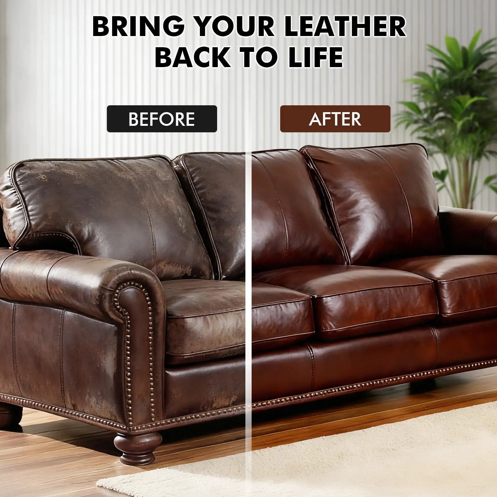 Leather Recoloring Balm For Dark Brown Furniture Repair Kit Leather Dye And Color Restorer For Couches Make Leather Look Brand New Again DIY Couch Paint By STARTSO WORLD before and after comparison on a brown leather couch.
