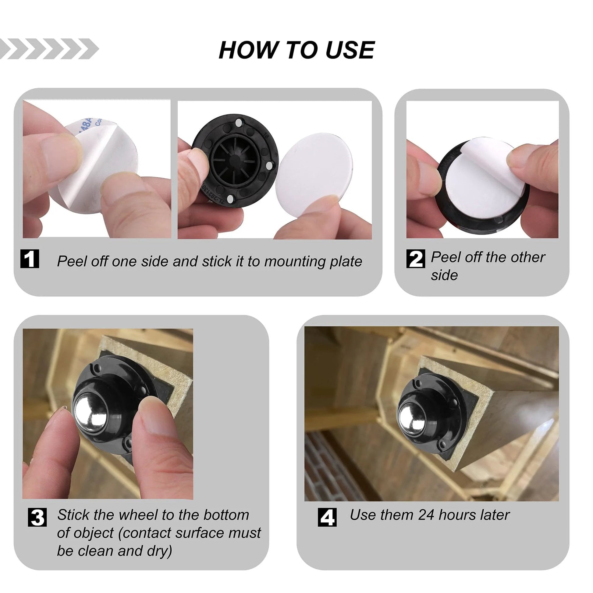 Instructions for applying Anti Rust Stainless Steel Self Adhesive Caster Wheels Set 8 Pack For Mop Buckets, Kitchen Appliances, And Furniture, 28 Lb Load Per Wheel, 1 Inch Wheel, 44mm Mounting Plate, Includes Adhesive Pads