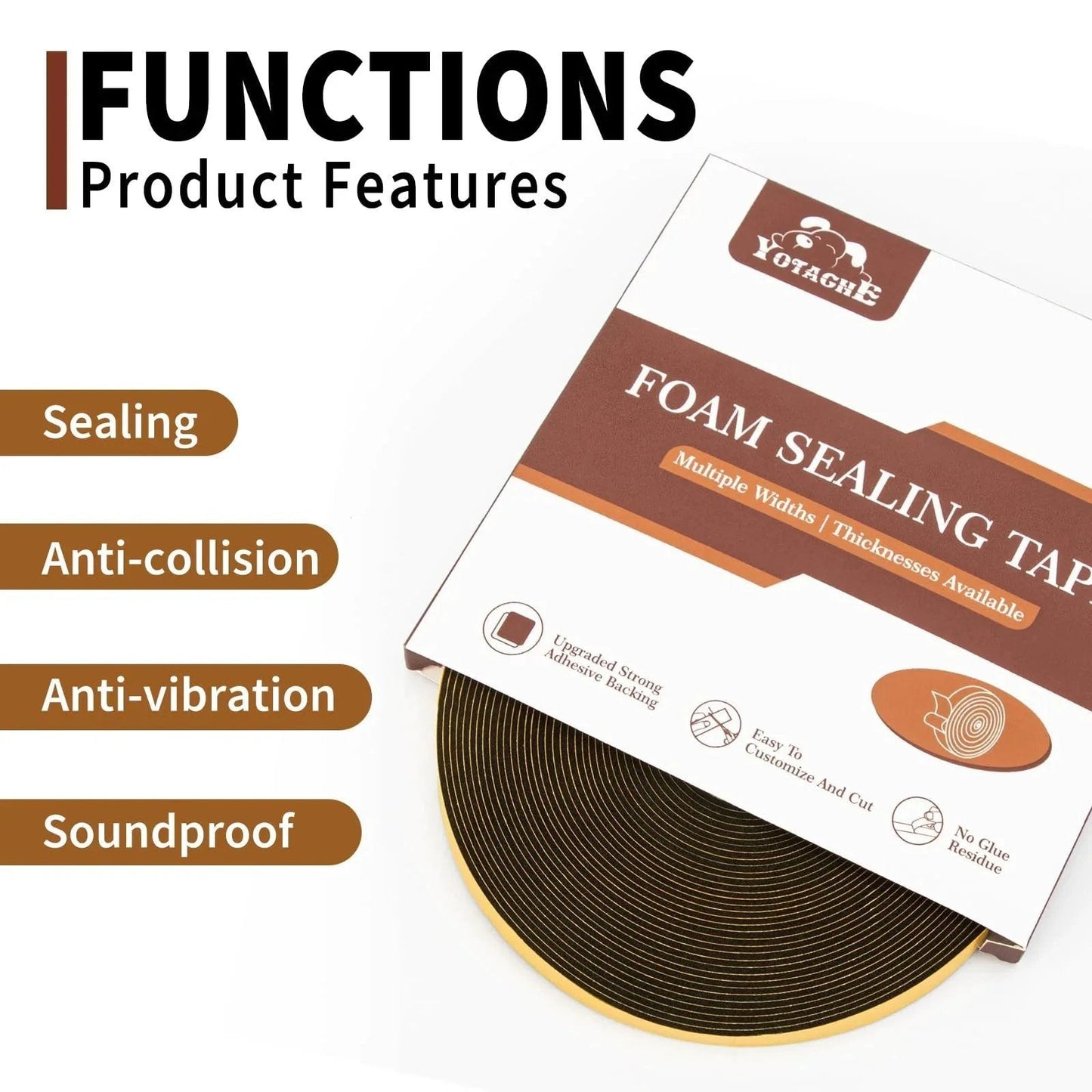 Packaging of self-adhesive thin foam weather stripping tape 1/2 inch wide by 1/16 inch thick, 33 ft long, with sealing functions visible